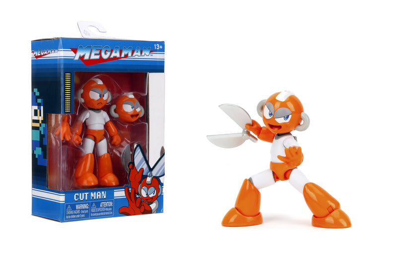 Jada Mega Man 4" Cut Man 1:12 Scale Action Figure, Wave 2 – 15+ Points of Articulation, Alternate Hands & Head, Rolling Cutter Accessory
